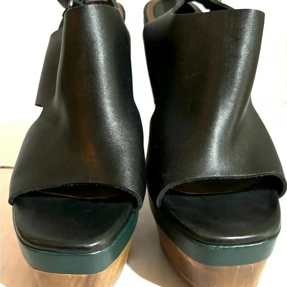 Marni + H&M black green wood leather chunky heel’s platform sandals